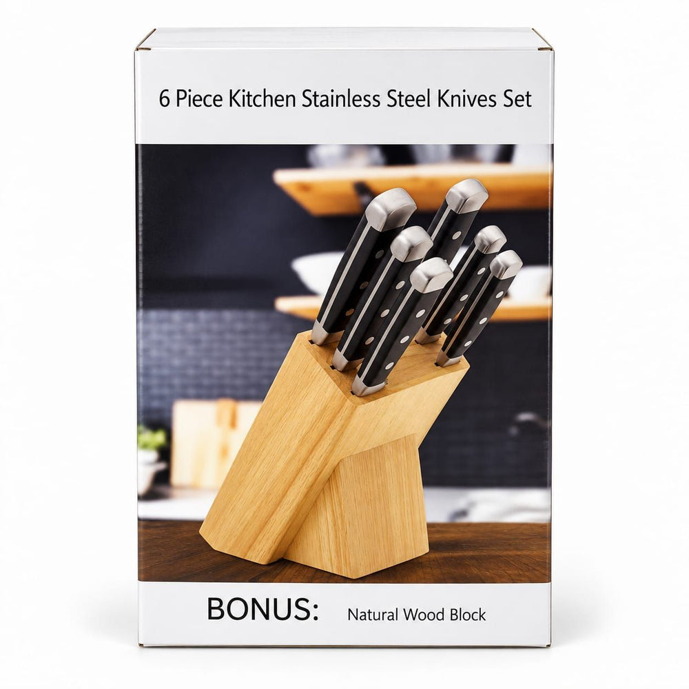 Prestige - Bistro, SS, 6 Pc Knive Set Natruel Wood Block