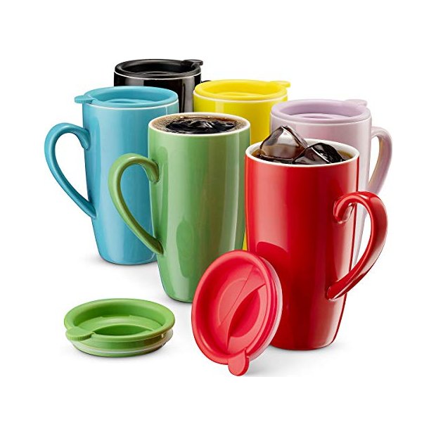 Mitbak - Classic Mug with Lids, Assorted Colors, 16 oz, 6 Pk
