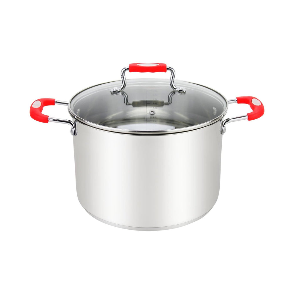 Millvado - Urban, Stock Pot with Glass Lid, Silicone Handles, 18/10 SS, Red, 17 qt