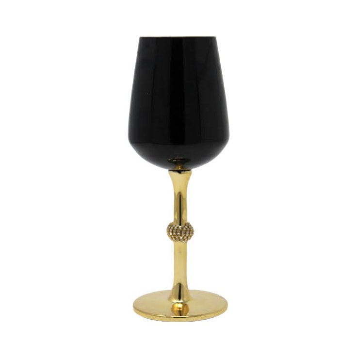 Vikko - Diamond, Wine Glass, Black with Gold Stem and Diamond Accent, 14 oz