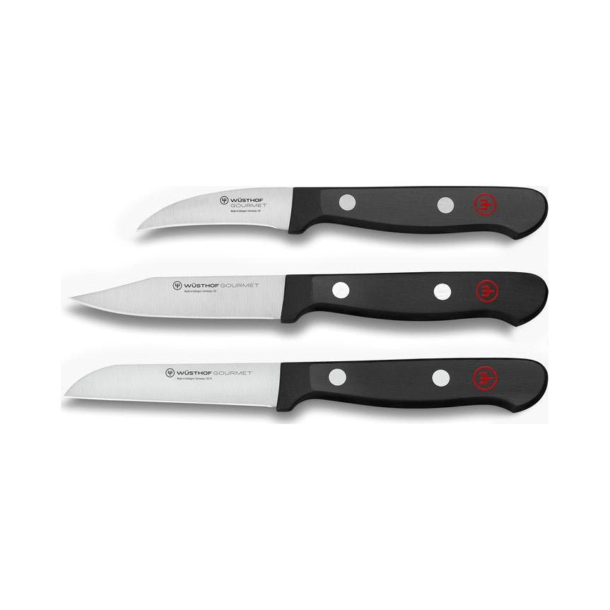 Wusthof - Gourmet, Paring Knife Set, Peeling Knife 2.5", Clip Point Paring Knife 3", Flat Cut Paring Knife 3", Black, 3 Pc Set