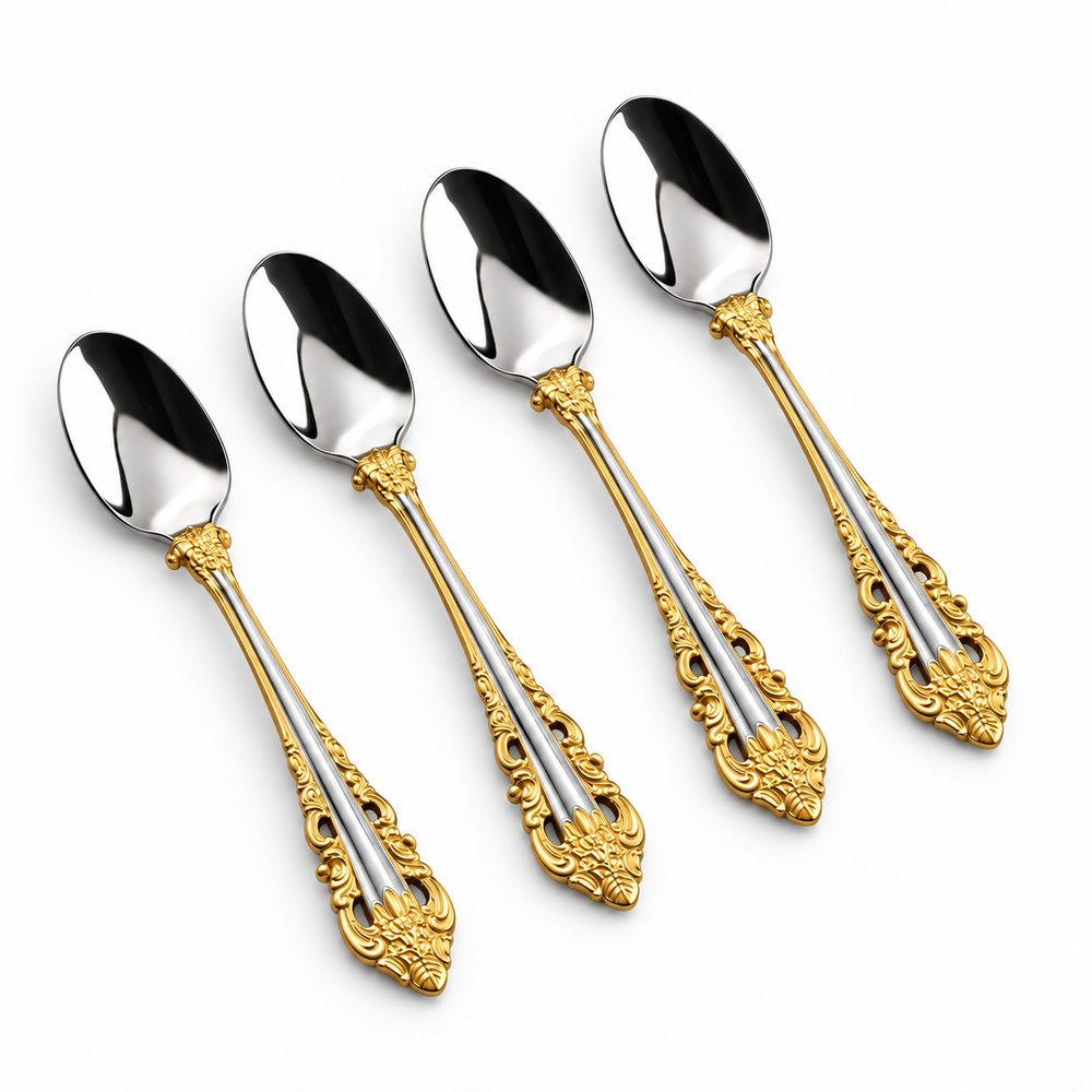 Prestige - Baroque, Shiny Silver with Gold Accent, SS, Demitasse Spoon, 4 Pc Set