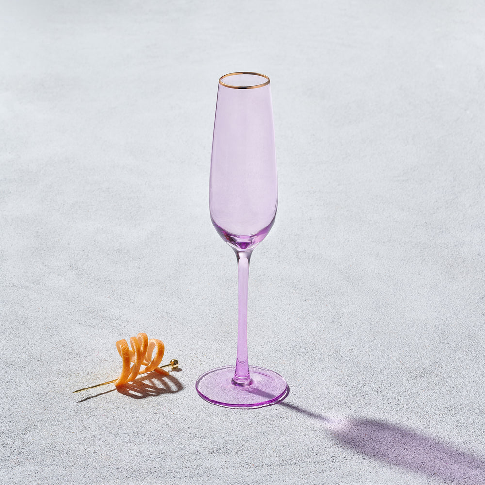 Vikko - Platinum, Champagne Flute Glass, Lilac with Gold Rim, 8.5 oz