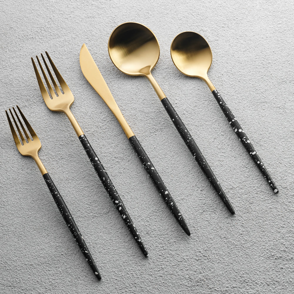 Vikko - Vera, Brushed Gold with White Speckled Black Handle, 18/10 SS, 20 Pc Flatware Set - Gift Box No Window