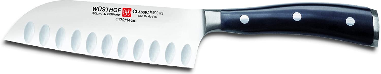Wusthof – Ikon, Santoku Knife, Granton Blade, Black, 5″ | Rental