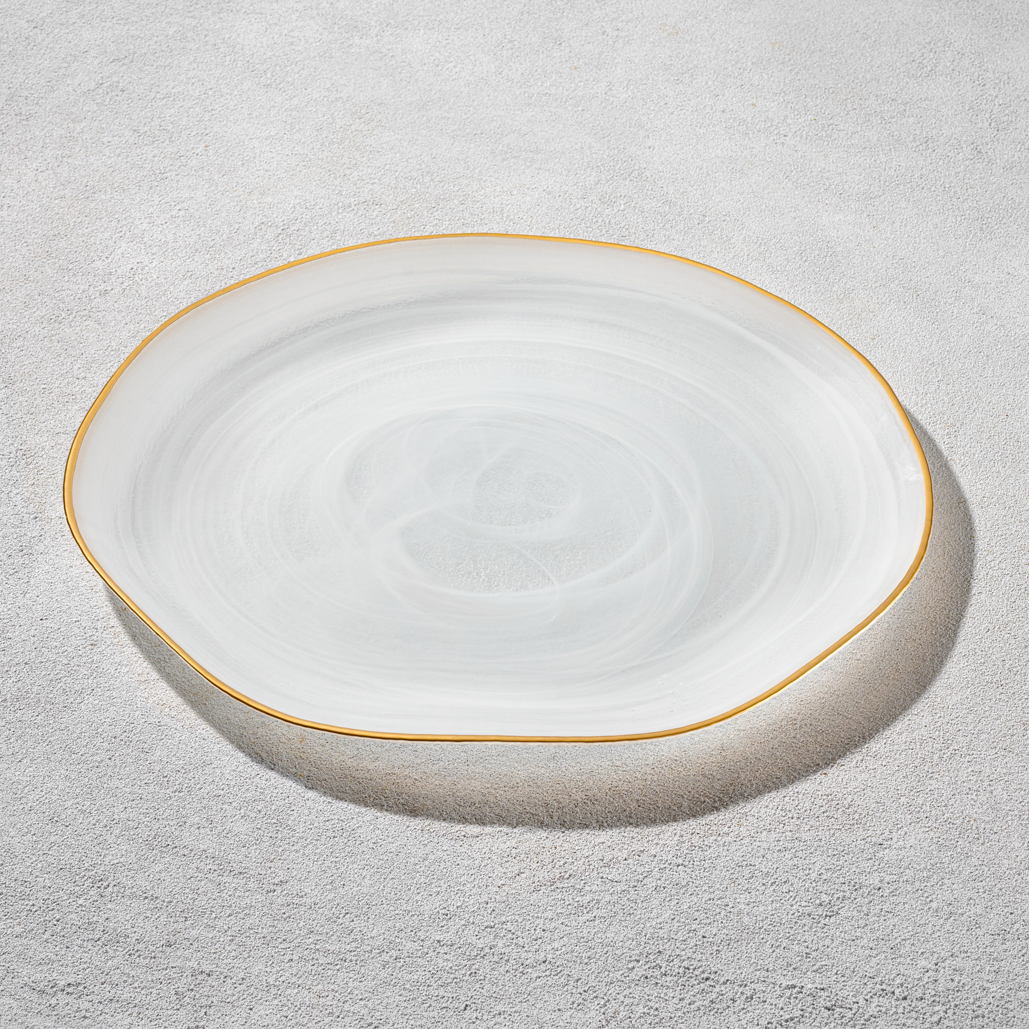 Vikko – Cedar, Glass Charger, White Alabaster with Gold Rim, 13″ | Rental Vikko – Cedar, Glass Charger, White Alabaster with Gold Rim, 13″ | Rental