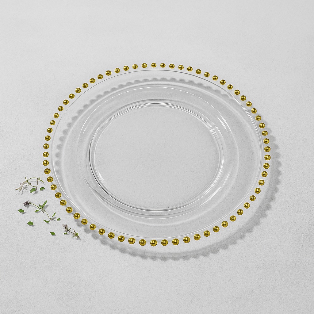 Vikko – Mirage, Glass Charger with Gold Beads, 13″ | Rental Vikko – Mirage, Glass Charger with Gold Beads, 13″ | Rental